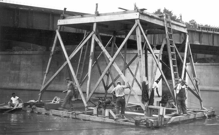 Timber falsework for a Pennsylvania Turnpike bridge pier built by Wickersham.