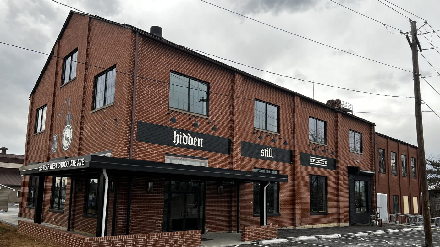 Hidden Still Spirits, a restored brick cocoa bean warehouse in Hershey, PA, now a distillery and restaurant.
